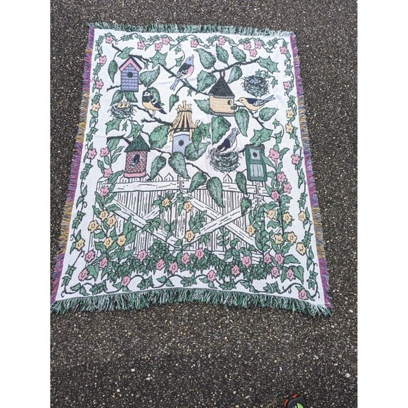 Tapestry Blanket Throw Birds Birdhouse USA Manual Woodworkers & Weavers Fringes - Picture 1 of 4